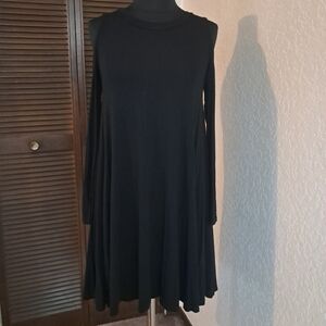 Classic Black Long-Sleeve Swing Dress Open Shoulder